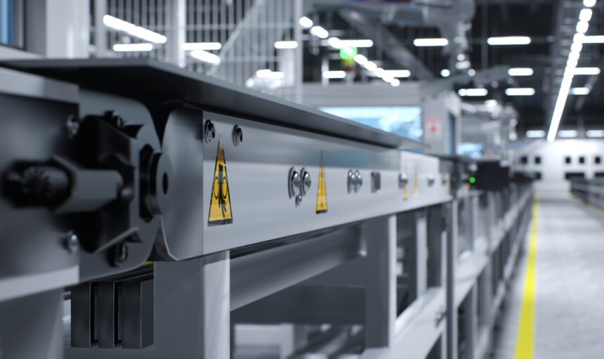 High voltage danger signs on conveyor belts in green technology factory used to produce solar panels. Safety measures stickers on assembly lines operated by heavy machinery in warehouse, 3D render