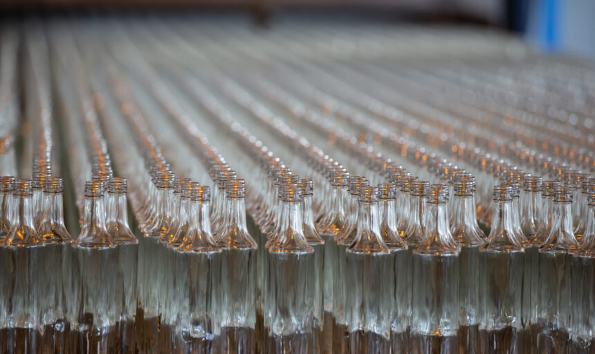 Glassworks. Glass industry. Many glass bottles on a factory conveyor.