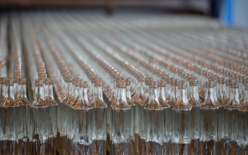 Glassworks. Glass industry. Many glass bottles on a factory conveyor.